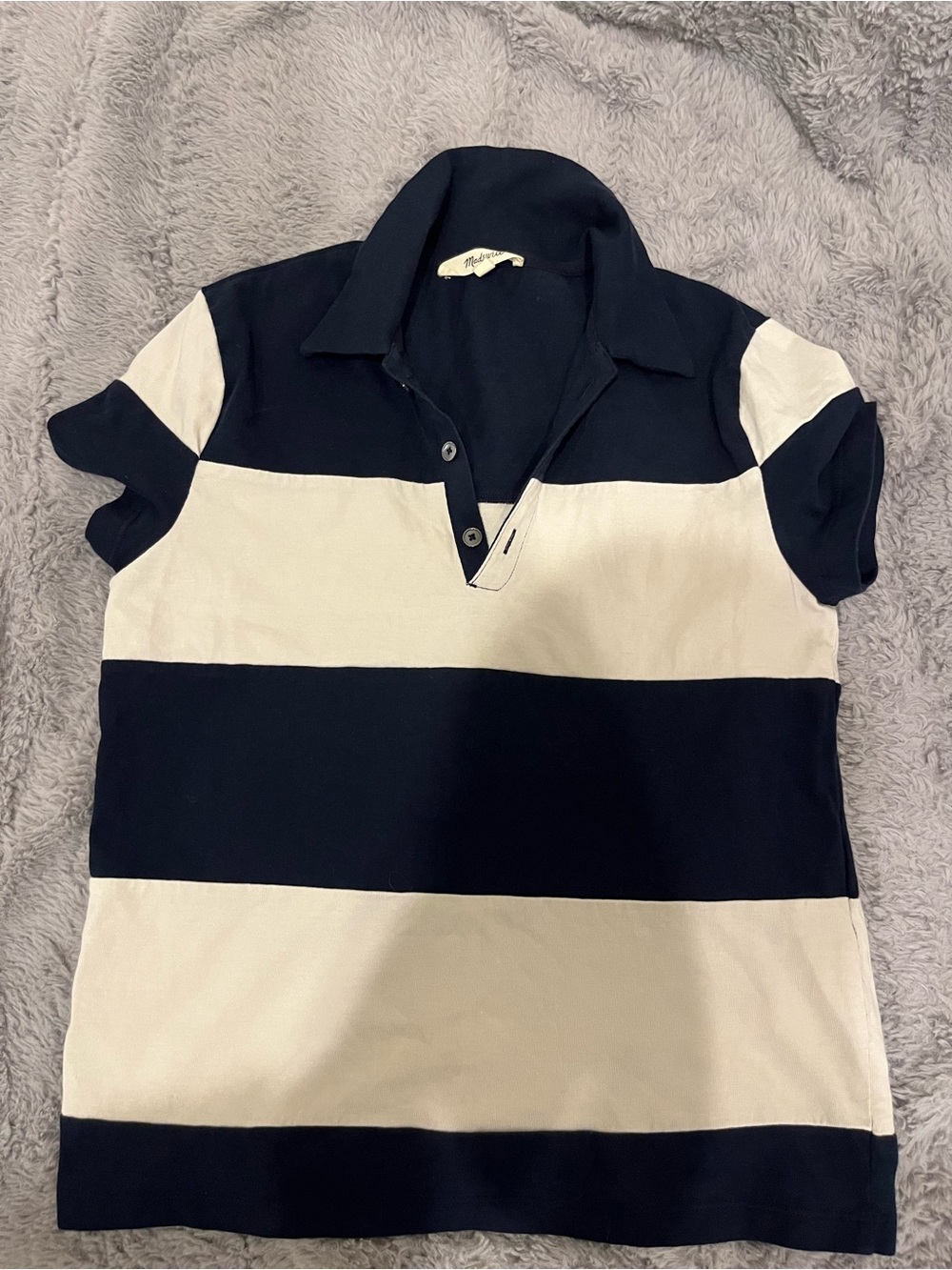 Madewell Navy and White Wide-Stripe Polo
